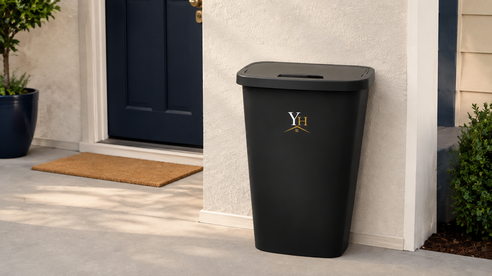 Black Yarber Home Services valet trash can beside a residential doorway